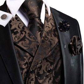 Hi-Tie Mens Double-Breasted Suit Vest Tie set Classic Waistcoat and necktie Handkerchief Cufflinks Suit Wedding Party,Brown Black,Medium