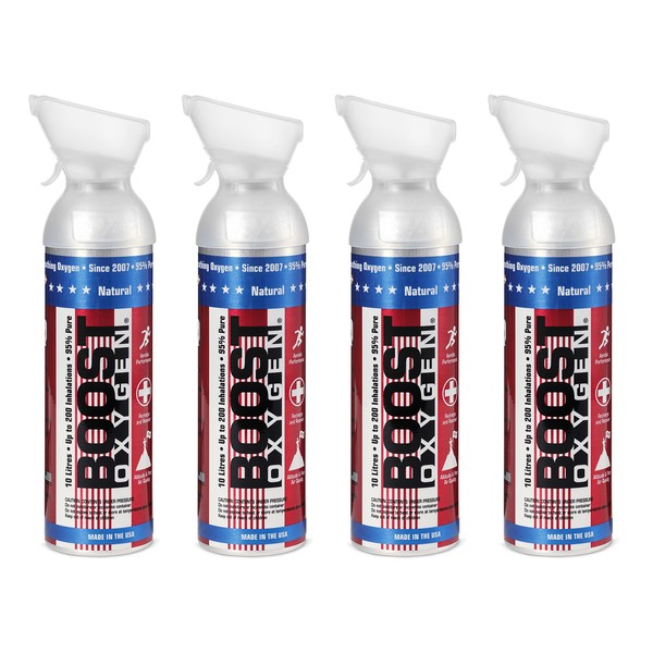 Boost Oxygen Large Natural Aroma Stars & Stripes 10 Liter Canister | Respiratory Support for Aerobic Recovery, Altitude, Performance and Health (4 Pack)