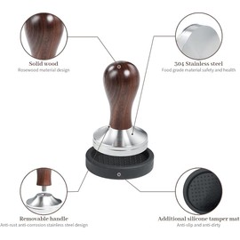 Coffee Tamper 51mm Espresso Press with Tamper Mat 304 Stainless Steel Flat Base Wooden Handle for Coffee Grounds Barista Espresso Machines Accessory