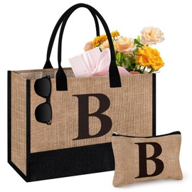 Initial Jute Tote Bag & Makeup Bag, Birthday Gifts for Women Her Mom Teachers Friends, Black Brown, Large
