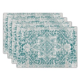 Gray Teal Boho Placemats Set of 4 Ethnic Bohemian Carpet Place Mats Washable Kitchen Dining Vintage Grey Geography Floral Linen Table Mats Stain Heat-Resistant Cloth Tabel for Home Party 12x18 in