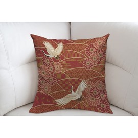 Mugod Asian Oriental Two Cranes Cushion Cover Throw Pillow Covers Chrysanthemums Japan Wave Floral Pattern Pillow Case for Men Women Decorative Home Sofa Chair Couch 45x45cm/18x18 Inch