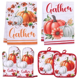 HunnmingRe 6 Pcs Fall Kitchen Accessories Sets, Including Pumpkin Dish Towels Oven Mitts Pot Holders Harvest Maple Leaf Baking Gifts for Autumn Fall Thanksgiving Home Cooking Supplies