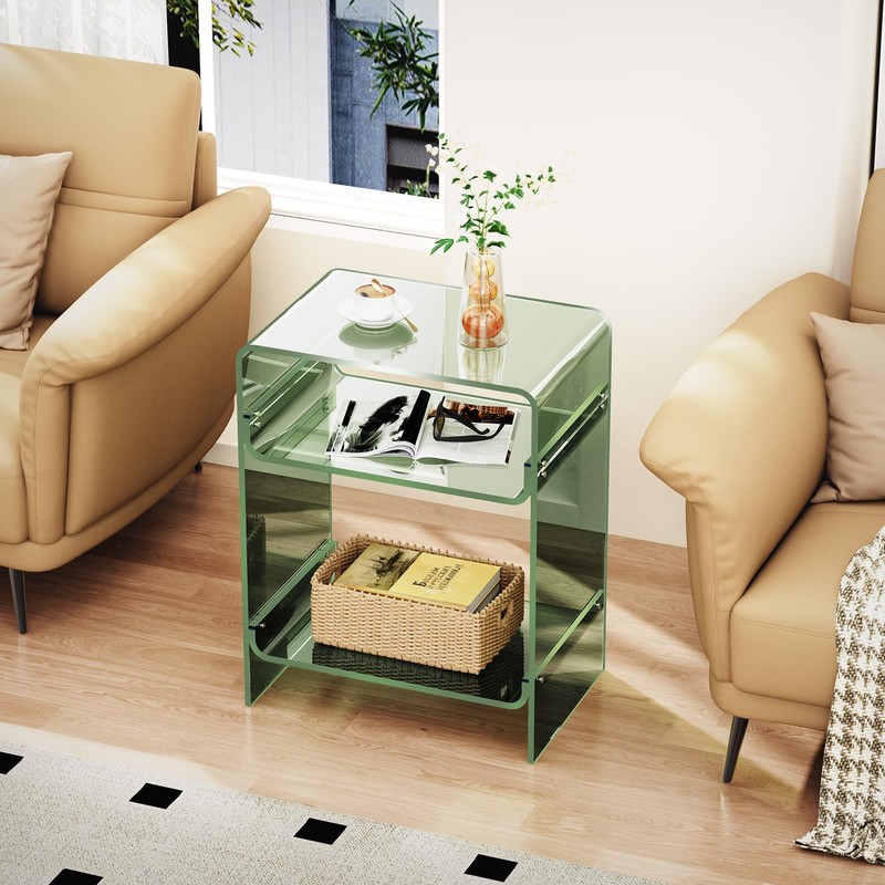 Acrylic Record Player Table with Storage Shelf, Clear Side Table