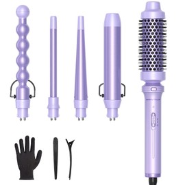 Wavytalk 5 in 1 Curling Iron,Curling Wand Set with Curling Brush and 4 Interchangeable Ceramic Curling Wand(0.5”-1.25”),Instant Heat Up,Include Heat Protective Glove & 2 Clips (Purple)