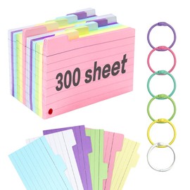 300pcs Index Cards, Cue Cards Flash Cards Index Card Box with Binder Ring, Index Card 3x5 3*5 Inches, Cue Cards for Study, School Office, Home (6 Colors)