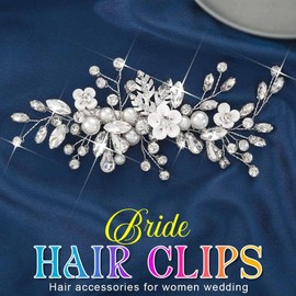 EASEDAILY Crystal Bride Wedding Hair Clips Silver Flower Hair Barrettes Pearl Bridal Hair Accessories for Women and Brides (Silver)