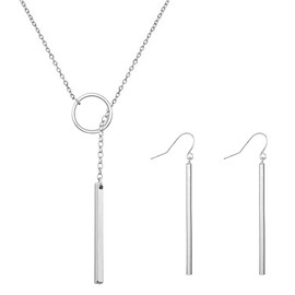 HUASAI Y Necklace Dainty Disc Pendant Necklace CZ Long Lariat Chain Jewelry for Women (Sliver Set)