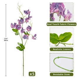 Briful Purple Artificial Flowers Bouquet, Spring Summer Flower Sprays with Green Leaves Realistic 23.6'' Long Stem Faux Sweet Pea for Home Decor Indoor Vase Farmhouse Wedding, Set of 5