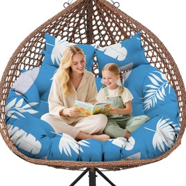 Uthem Double Egg Chair Cushion Replacement Waterproof for Outdoor Patio Hanging Basket Egg Chairs, 59x43-Inch Thickened 100% Cotton Large Double Eggs Swing Chair Cushions, Blue Leaf