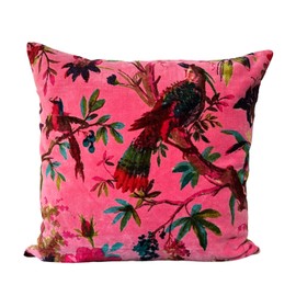 Alia Enterprises Velvet Floral Bird Print Throw Pillow Sofa Cushion Cover Case | Couch Bohemian Accent | Colorful Boho Chic Indian Handmade Cover Only (Baby Pink, 24"X24")