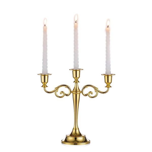 Sziqiqi Gold Candelabra Taper Candlestick Holder for Candle Centerpiece Dinner Decoration, 10.6in Zinc Alloy 3-Arm