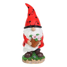 Exhart Garden Gnome, Ladybug Red Hat Solar Garden Statue Sculpture with Pink Flower Pot, 4 LED Lights, Outdoor Lawn and Yard Decoration, 5 x 5.5 x 12.5 Inch