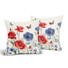 4th of July Pillow Covers 18x18 Inch Red Blue Floral Patriotic Outdoor Decorative Throw Pillow Covers Set of 2 Independence Day Pillowcases Farmhouse Cotton Linen Cushion Covers for Couch Home Decor