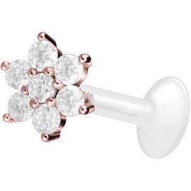 PIERCINGLINE PTFE Labret with Internal Thread, Titanium Attachment, Crystal Flower, Piercing Lip, Nose, Ear, Helix, Choice of Colours and Sizes, PTFE / titanium (grade 23)