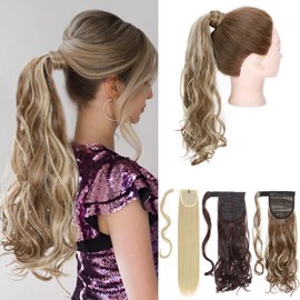 S-noilite Wrap Around Ponytail Extension Wrap Pony Tail Hair Extension One Piece Long Curly Clip In On Ponytail Hairpiece Wavy Synthetic Magic Paste Soft Silky (17",Light Brown Mix Ash Blonde)