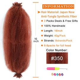 Ginger Afro Twist Hair 16 Inch 3 Packs Springy Afro Twist Hair Pre Fluffed Spring Twist Hair Afro Twist Wrapping Hair for Soft Locs (16 Inch, 3packs, 350#)