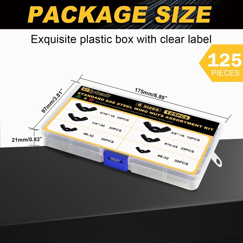 Siptenk Black SAE Wing Nuts 125PCS, #6-32#8-32#10-24 1/4"-20 3/8"-16 5/16"-18