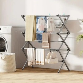 Adjustable Foldable Metal Dryer Rack Sturdy Telescopic Frame Indoor/Outdoor Space-Saving Laundry Organizer Hooks Shelves forcolor: White Color