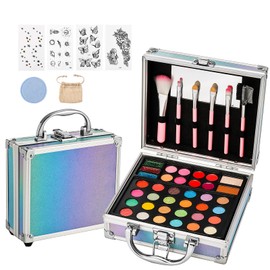 Anpro All-In-One Makeup Carry Case with Pro Teen Makeup Set, Full Starter Cosmetics Kit with Makeup Brushes, Eye Shadows Palette, Blushes, Glitter Gel, Temporary Tattoo Stickers - Pink