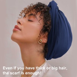 DRESHOW Hair Wrap for Women Ribbed Soft Turban Stretch Jersey Headscarf Breathable Lightweight Turban Plain, 1 x navy