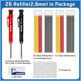 Bestpty 2PCS Carpenter Pencil with Sharpener,Mechanical Pencils with 26 Refills An eraser,Heavy Duty Woodworking Pencils for Architect,Deep Hole Marker for Construction with Case(Black, Red)