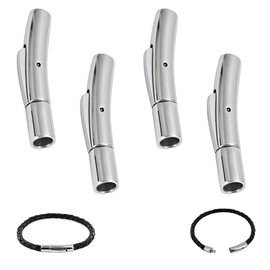 Rebanky Pack of 4 Leather Cord Clasps, 4 mm Bayonet Clasp, Stainless Steel Lever Press Clasp, Cord End Caps Clasp for Round Leather Band, Bracelet, End Clasps (Silver)