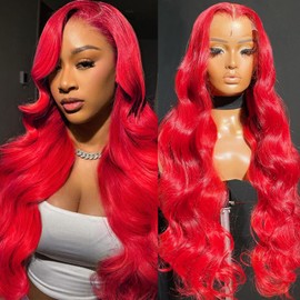 AAY 28 Inch Red Wig Human Hair 200 Density Body Wave 13x4 HD Lace Front Wigs Human Hair Pre Plucked with Baby Hair Red Body Wave Wig Color Real Human Hair Wig Frontal Wigs For Women