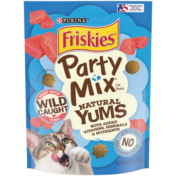 Purina Friskies Natural Cat Treats, Party Mix Natural Yums With Wild Tuna - (6) 6 oz. Pouches