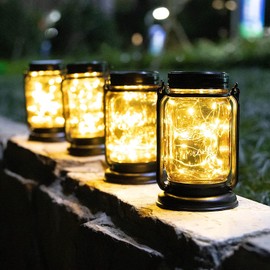 Vcdsoy 4 Pack Solar Hanging Mason Jar Lights with Stakes -Solar Fairy Table Lamp Mason Jar Colorful Light-Ourdoor Waterproof Decorative Gifts Hanging Lamp Frosted Glass Jar for Patio Garden Yard