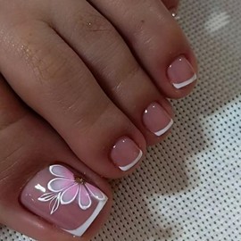 White French Tip Press on Toenails Short Square Fake Toe Nails with Pink Flowers Designs Nude False Toenails Spring Acrylic Toenails Cute Full Cover Artificial Toe Nails for Women Girls Manicure 24Pcs