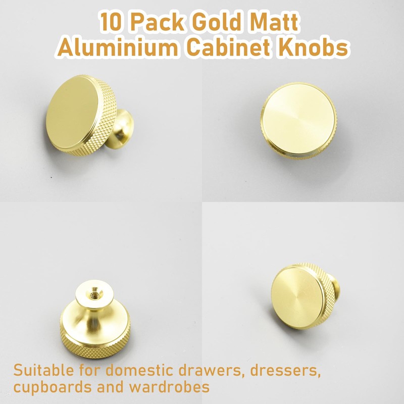 Coriver Cabinet Knobs,10 Pack Gold Matte Drawer Knobs, Round Wardrobe