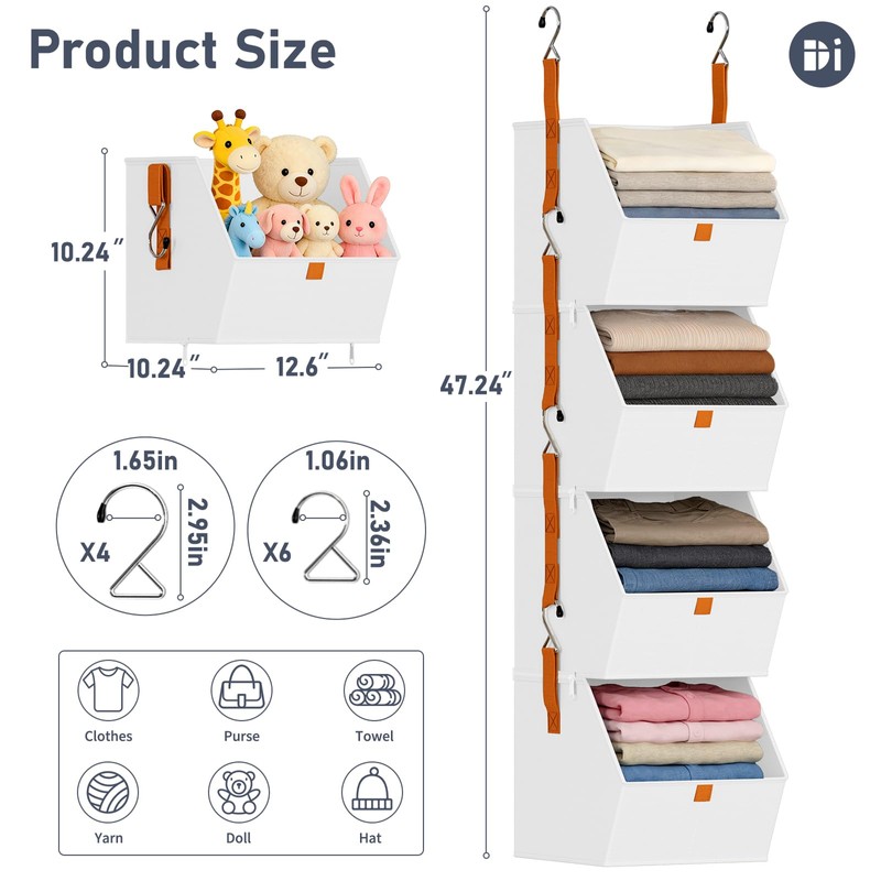 DIMJ Hanging Closet Organizer - 4 Tier Collapsible Hanging Shelves