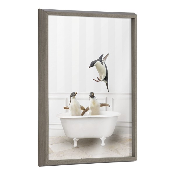 Kate and Laurel Blake Penguins Bathroom Framed Printed Glass Wall Art by Amy Peterson Art Studio, 18x24 Gray, Decorative Penguin Art Print for Wall