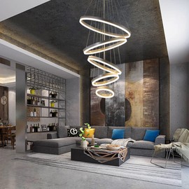 Modern Chandelier, Dimmable 5 Rings Chandelier Light Fixture Luxury Big LED Chandelier for High Ceiling Living Room Foyer,Contemporary Acrylic Modern Led Pendant Light Fixtures with Remote Controller