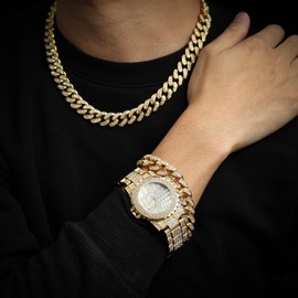 Halukakah Diamond Gold-Plated Watch, Men's 18 Carat Real Gold Plated/Platinum White Gold Plated Quartz Bracelet 22 cm, with Cuban Chain 20 cm Bracelet + 45 cm Necklace, Laboratory Diamonds, Free Gift