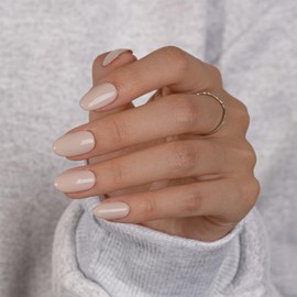 KQueenest Soft Gel Press on Nails Short - Sheer Light Grey Stick-On Nails Short Round Plain Fake Nails with Glue, Shiny Nude Brown Almond Artificial Nails Set for Women & Girls, 24 Pieces