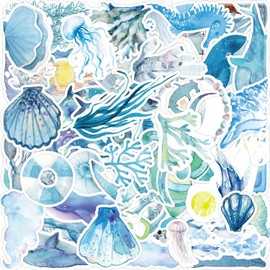 Watercolor Ocean Animal Stickers 50 Pcs Cute Waterproof Sea Life Stickers for Laptop Skateboard Water Bottle Phone Guitar Scrapbook Bike Cars,Vinyl Cartoon Ocean Plants Stickers for Kids Adults