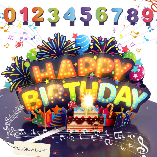 Ecloverlife Pop-Up Music & Light Birthday Card with Blowable Candle