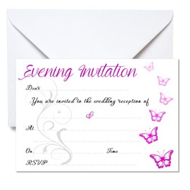Pack of 10 Butterfly Postcard Style Evening Wedding Invitations- envelopes included (Pink)