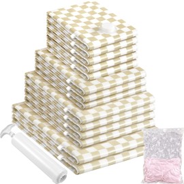 14 Pack Vacuum Storage Bags,Vacuum Seal Bags for Clothing with Hand Pump, 2 Jumbo+4 Large+3 Medium+5 Small, 80% Space Saver Bags for Luggage,Comforters,Blankets, Home Travel Essentials(Khaki Check)