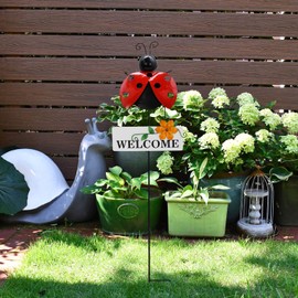 30 Inch Ladybug Garden Stake Summer Decor, Rustic Metal Bug Yard Art Stake Welcome Sign Lawn Ornament for Outdoor Yard Lawn Patio Decoration (Bug)