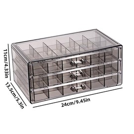 QAINJG Clear Acrylic Earring Organizer with 3 Drawers, Jewelry Box for Rings, Earrings, Necklaces, Makeup, Adjustable Earring Holder and Cosmetic Organizer (Grey)