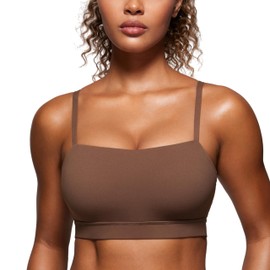 CRZ YOGA Butterluxe Womens Adjustable Spaghetti Thin Strap Sports Bra - Padded Wireless Square Neck Workout Yoga Clothes Coffee Brown X-Large