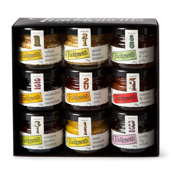 Tracklements, Gift Pack 9 Mini Jar, Includes Mustards, Chutneys, Relishes, Jams, Marmalades & Sauces, Gluten & Vegetarian Friendly, Ideal For Cheeseboards and Ideal Festive Gift Idea, Pack of 1