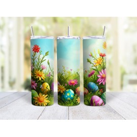 20oz Skinny Tumbler Easter Eggs In A Flower Garden - Stainless Steel Double Wall Insulated Cup With Lid And Straw