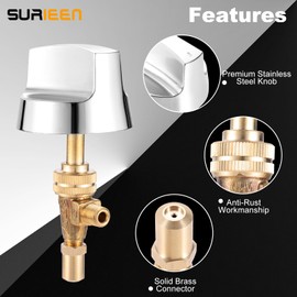 SURIEEN Propane Natural Brass Gas Control Valve 0.047" Orfice with Chromed Steel Control Knob, Fitting for Hotel Commercial Kitchen Gas Control Valve, Stem Length 1.4"