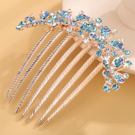 Chargances Bridal Butterfly Rhinestone French Hair Comb Sparkly Flower Crystal Inlaid Hair Combs with Long Teeth Wedding Hair Accessories for Women (Blue)