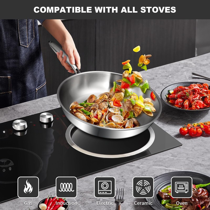 EWFEN Tri-Ply Stainless Steel Frying Pans Set, 8”/10”/12” Cooking pans,