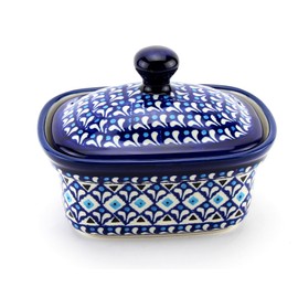 Polish Pottery Market Butter Dish with Lid, 5.75" L x 4" W x 3" H, Capacity: 14 Oz., Butter Container Keeper Storage, Handmade by Zaklady Boleslawiec Poland, Ceramic Butter Dish with Knob Handle